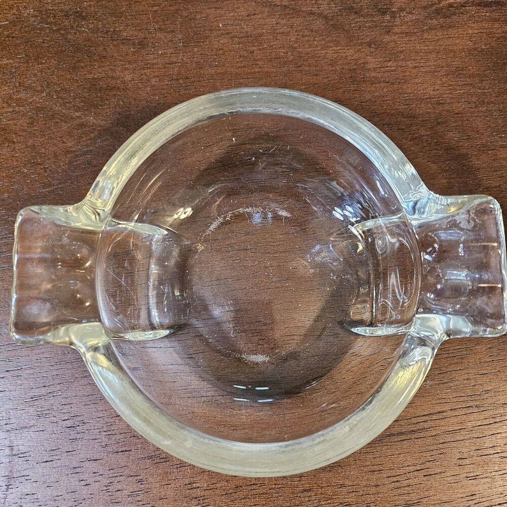 Vintage Clear Glass Art Deco Cigarette Ashtray Mid Century Round Side Handles